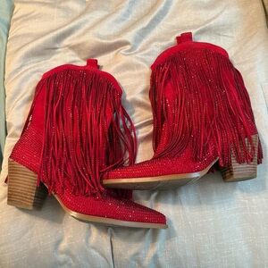 Red Fringe Women's Boots western sequence size 8 que piano zipper